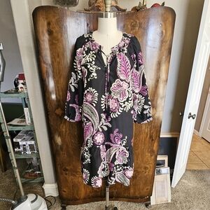 Johnny Was 100% Silk Black and Pink Floral Mini Dress